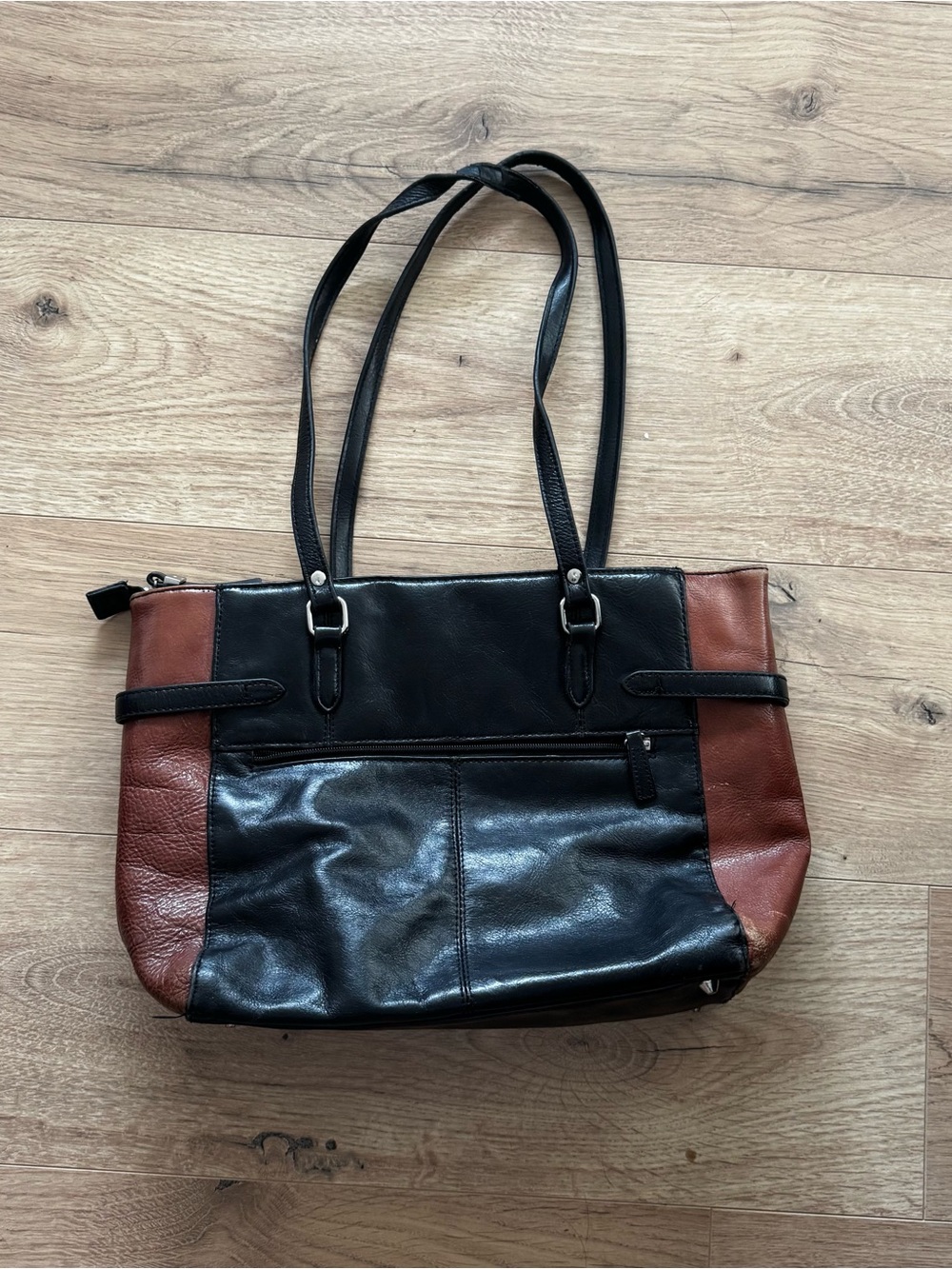 16.5” Two-Tone Black and Brown Shoulder Tote Bag